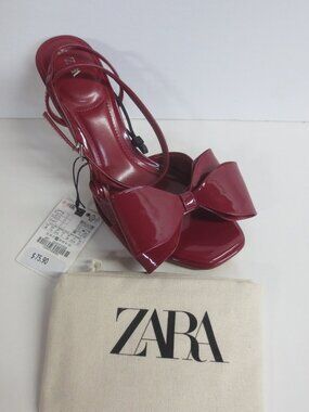 ZARA WOMEN'S BOW PATENT HIGH HEEL BURGUNDY SANDALS - US 7.5